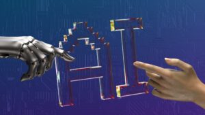 Human and AI hands reaching toward each other, symbolizing GEO vs SEO and AI-powered search